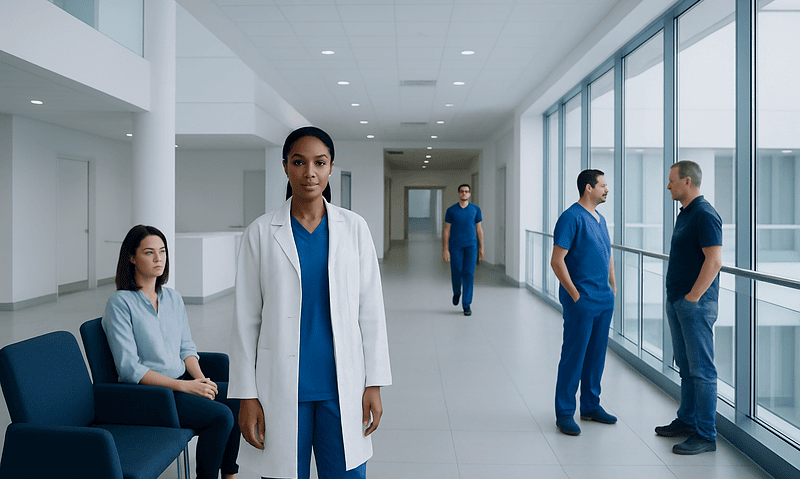 Diverse medical team in modern hospital corridor with large windows.