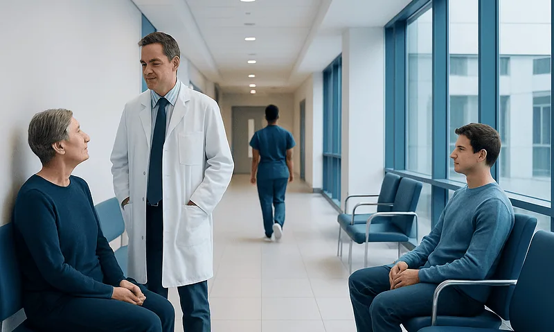 Doctor consulting with patients in hospital corridor.