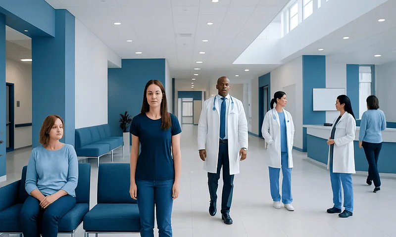 Diverse medical staff and patients in a modern hospital corridor.