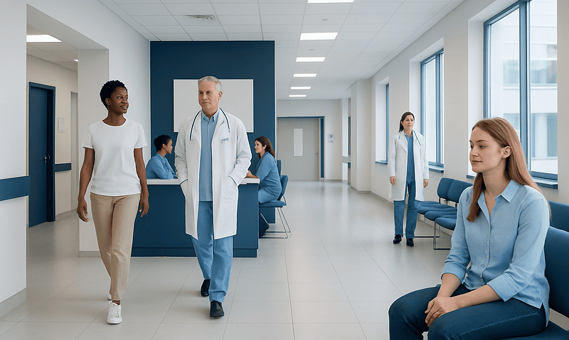 Medical staff and patients in a modern hospital corridor at Acibadem Hospitals Group.