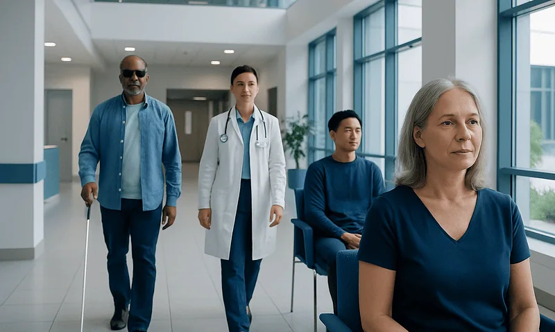 Diverse group of patients and medical staff in hospital corridor.