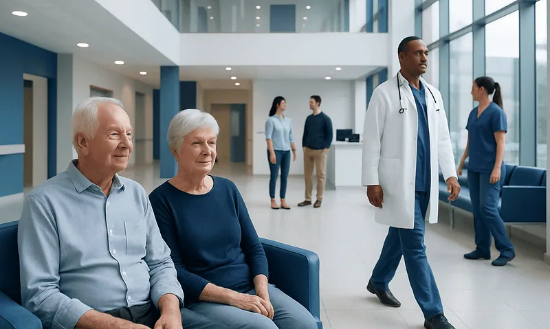 Elderly patients waiting in a hospital lobby with medical staff nearby.