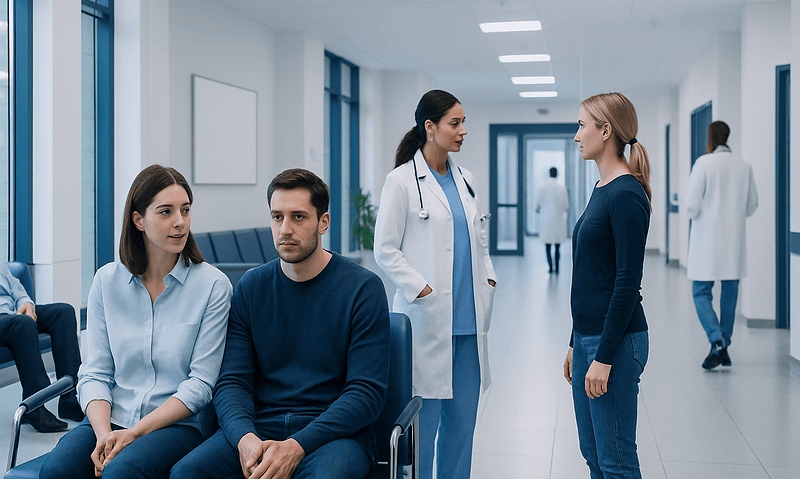 Medical consultation in hospital corridor with doctor and patients.