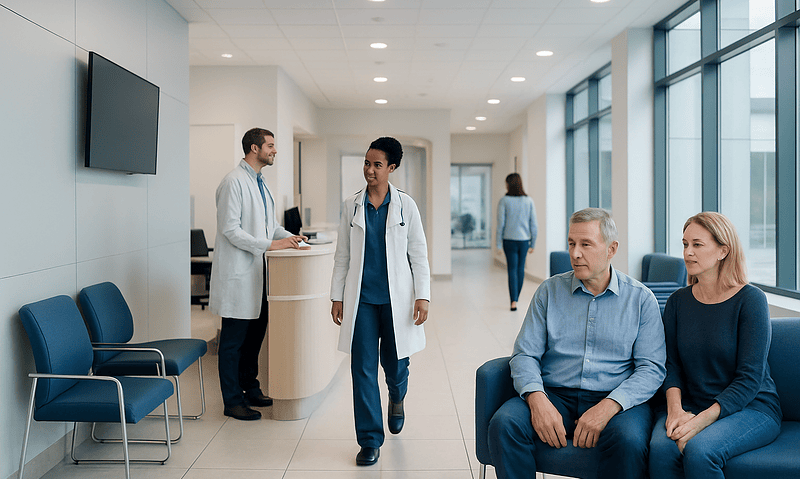 Hospital waiting area with medical staff and patients at Acibadem Hospitals Group.