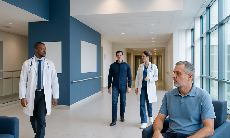 Medical consultation in a modern hospital corridor with doctors and patient.