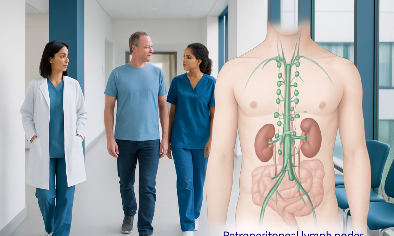 Medical team discussing patient care with a diagram of retroperitoneal lymph nodes.