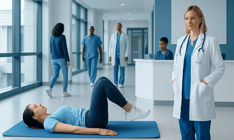 Patient doing abdominal exercise in hospital corridor with medical staff nearby.