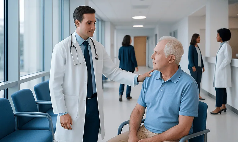 Doctor consulting with elderly patient in hospital corridor.