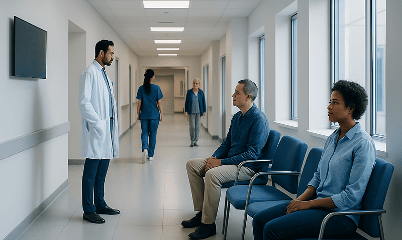 Doctor consulting patients in a hospital corridor with seating area.