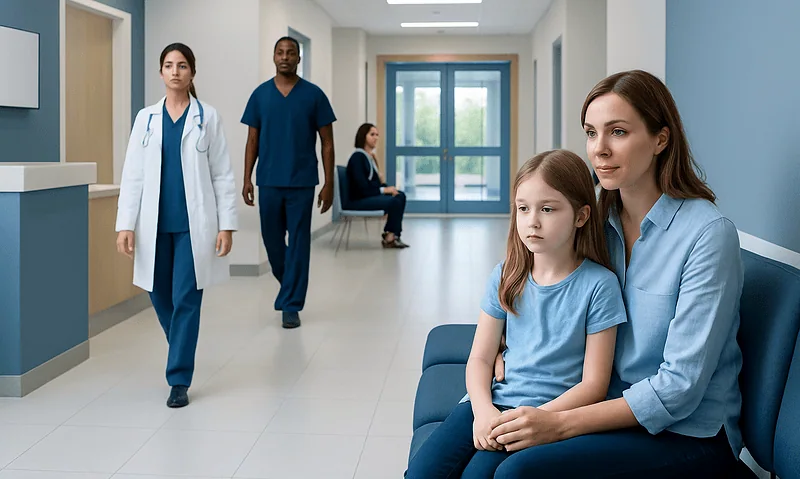 Child and mother waiting in hospital corridor with medical staff nearby.