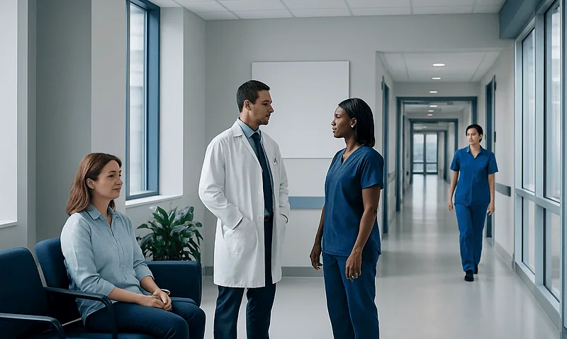 Medical professionals and patient in hospital corridor at Acibadem Hospitals Group.