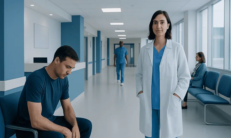Medical professional and patient in hospital corridor, healthcare setting.