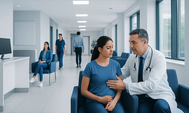 Doctor consulting with a patient in a hospital corridor.