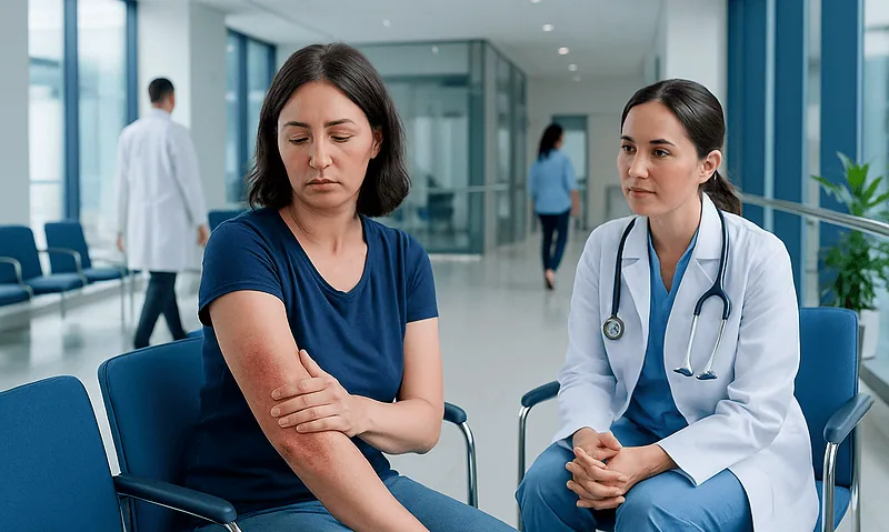Patient with rheumatoid arthritis rash consulting a doctor in hospital.