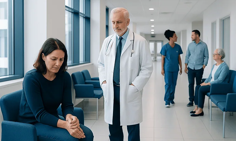 Doctor consulting with a patient in a hospital corridor.