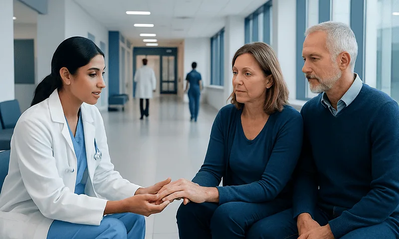 Doctor consulting with a patient and her partner in a hospital corridor.