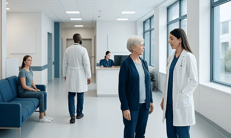 Medical staff and patient in a modern hospital corridor.