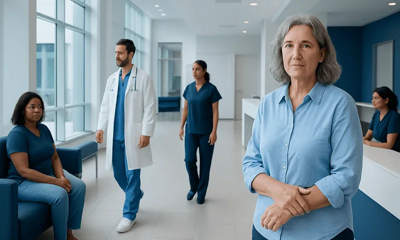 Medical team in hospital corridor with senior doctor and nurses.