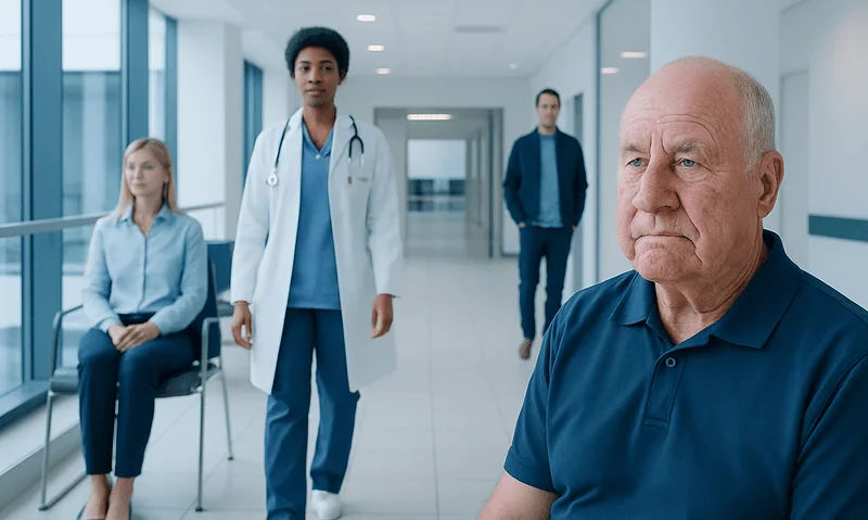 Senior man waiting in hospital corridor with medical staff nearby.