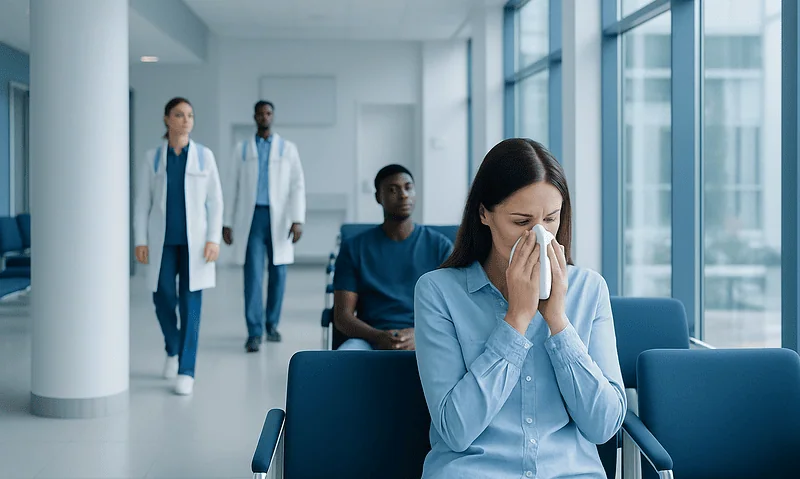 Woman with nasal congestion at hospital waiting area.