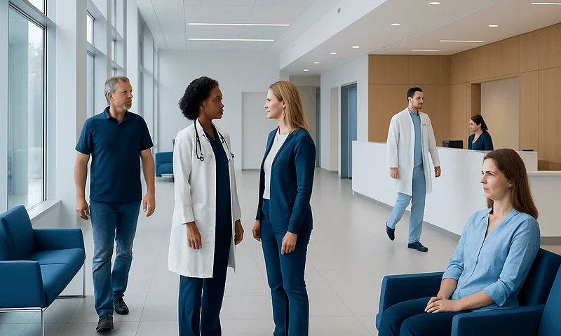 Medical staff and patients in a modern hospital lobby at Acibadem Hospitals Group.