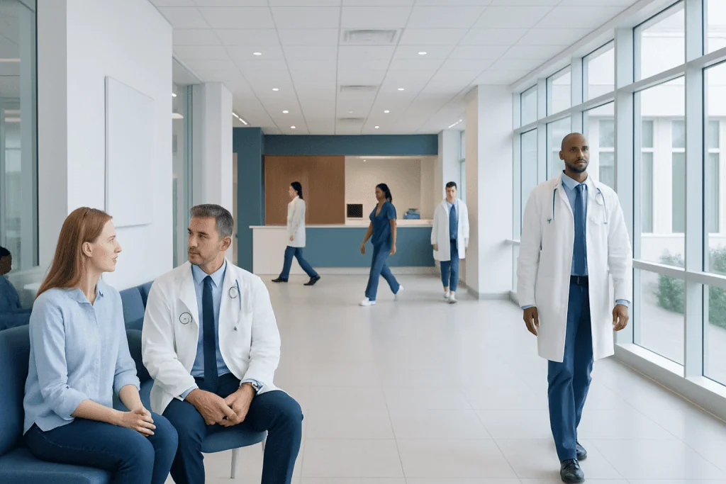Rhodiola: An Evidence-Based Guide for Patients 1 Healthcare professionals and patients in a modern hospital corridor.