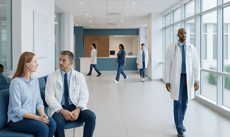 Healthcare professionals and patients in a modern hospital corridor.