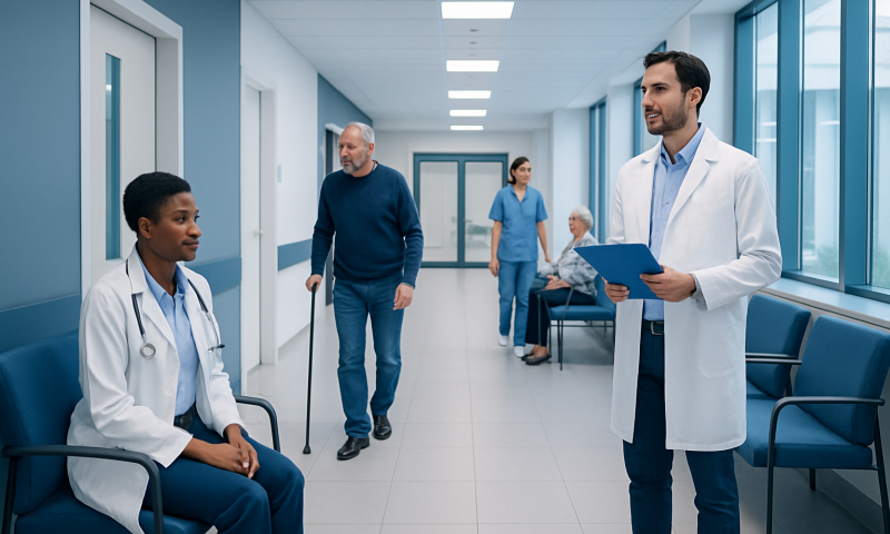 Medical professionals and patients in a modern hospital corridor.