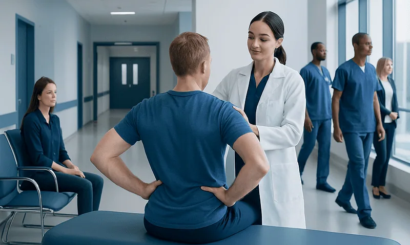 Doctor consulting patient in hospital corridor with medical staff in background.