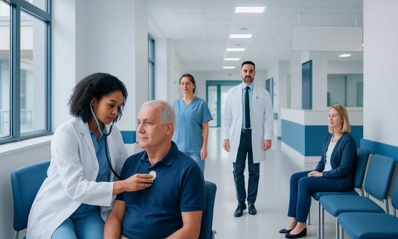 Doctor examining a patient in a hospital corridor with medical staff nearby.