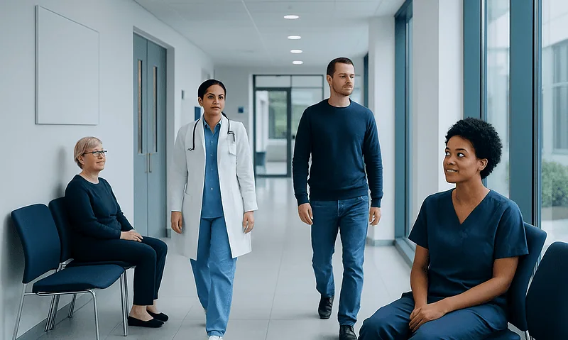 Medical professionals and patients in a hospital corridor.