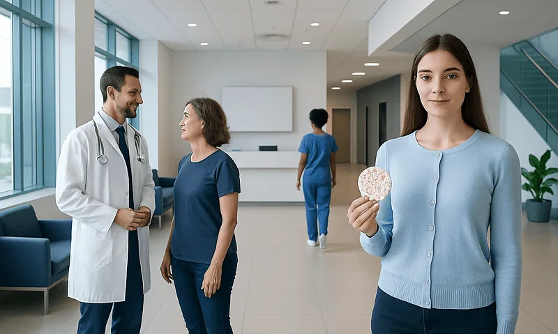 Young woman holding rice cake in hospital corridor with medical staff.