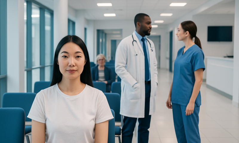 Diverse medical team consulting in hospital corridor.