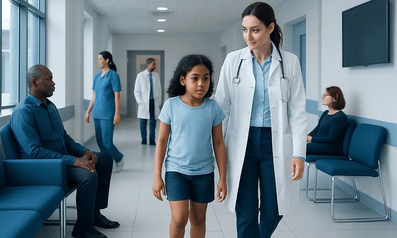 Doctor consulting a young girl in a hospital corridor.