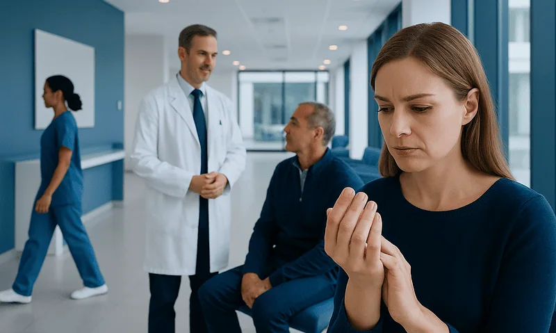 Patient examining her nails in a hospital corridor with medical staff nearby.