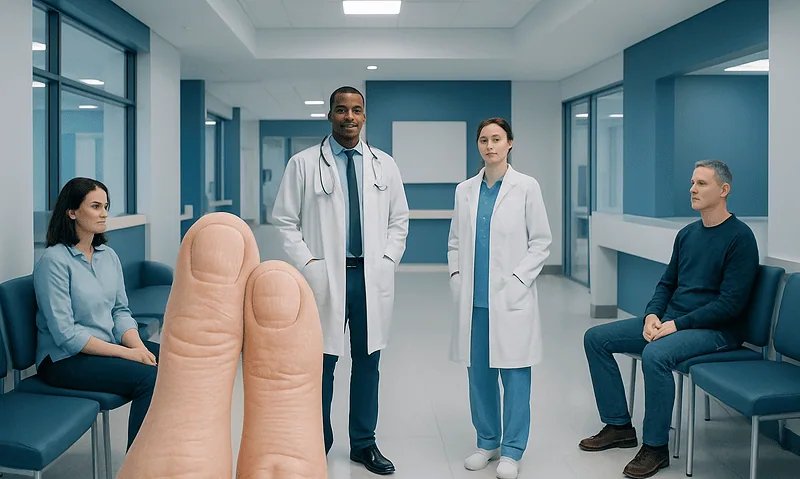 Ridges on Fingernails — Explained by Medical Evidence, Not Myths 14 Medical consultation in a hospital waiting area with a large finger in the foreground.