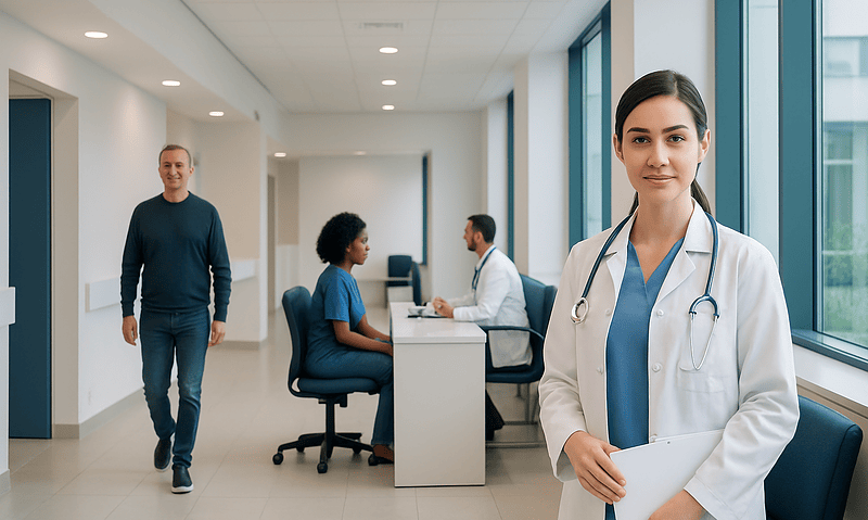 Healthcare professionals and a doctor in a modern hospital corridor.