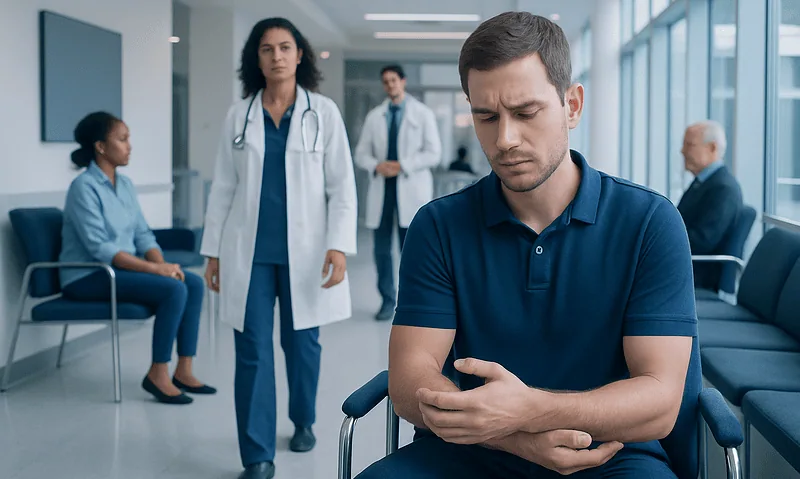 Patient experiencing arm numbness in a hospital waiting area.