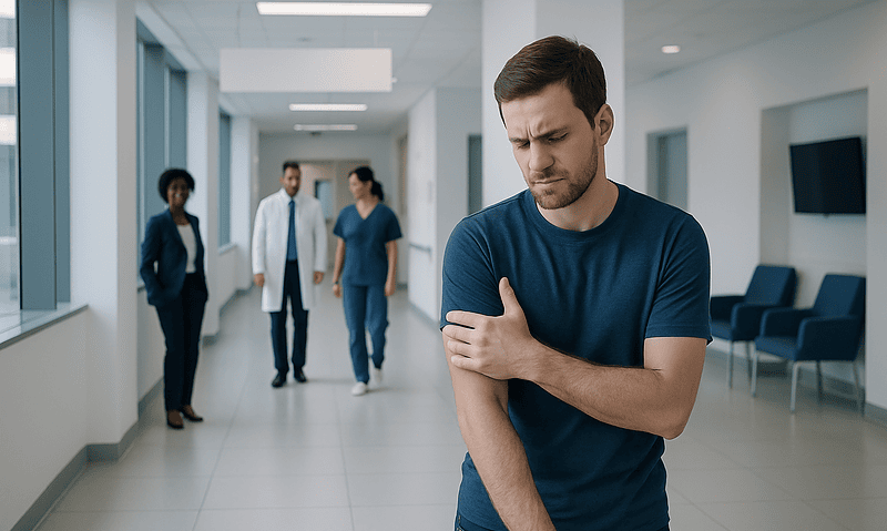 Young man experiencing right arm pain in a hospital corridor.