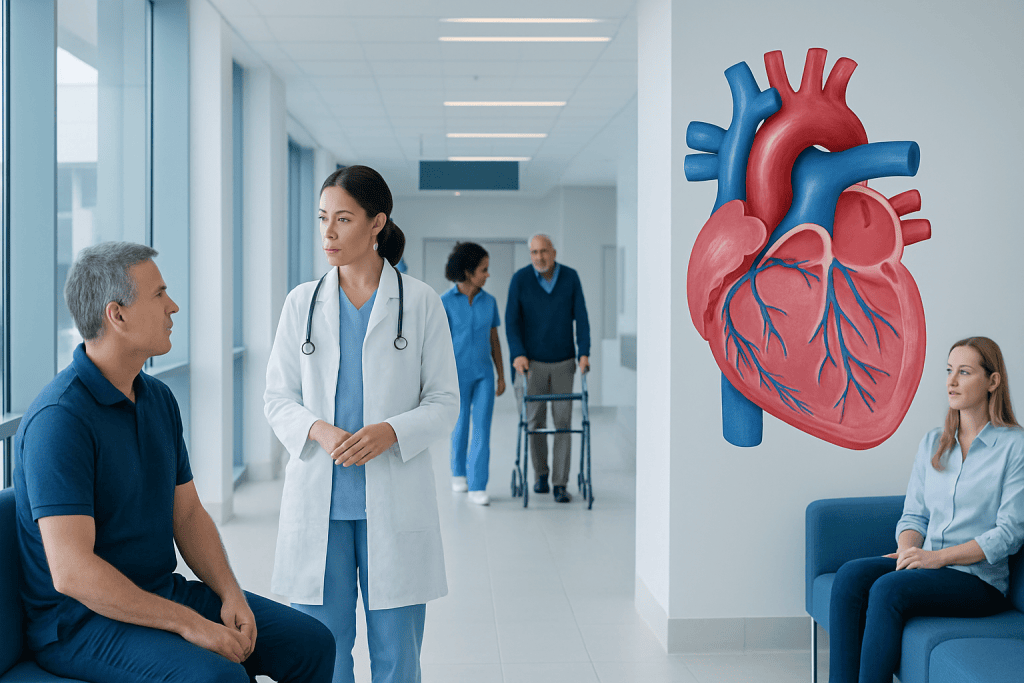 Right Bundle Branch Block: What Patients Need to Know 1 Doctor consulting patient in hospital corridor with heart diagram on wall.