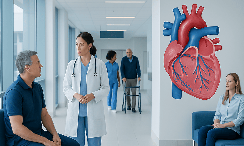Doctor consulting patient in hospital corridor with heart diagram on wall.
