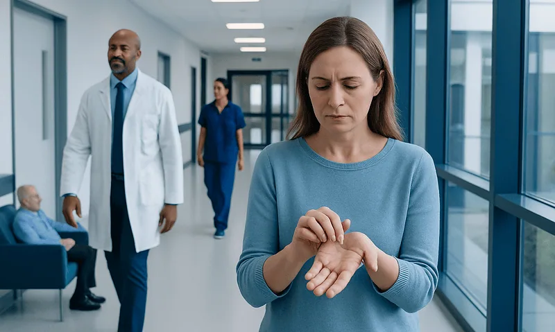 Woman with hand itching in hospital corridor, healthcare professionals in background.