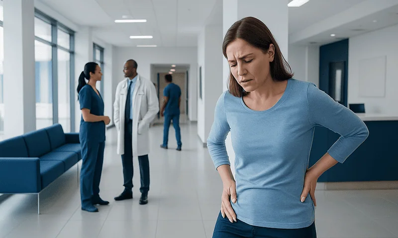 Woman with hip pain in hospital corridor with medical staff in background.