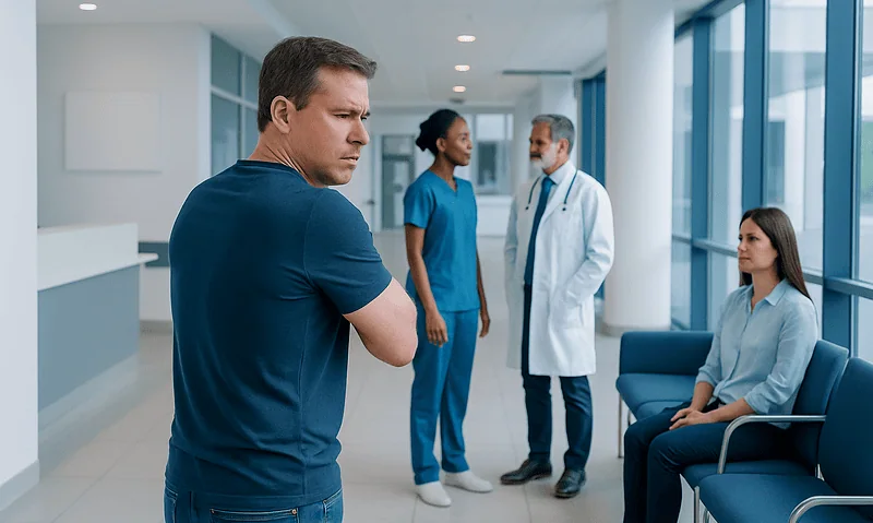 Man experiencing shoulder pain in a hospital waiting area.