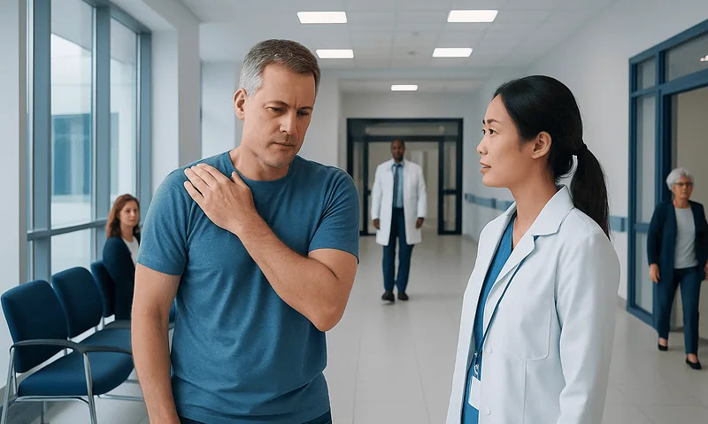 Right Shoulder Pain Explained: Common Triggers and Red Flags 5 Patient experiencing shoulder pain during medical consultation at hospital.
