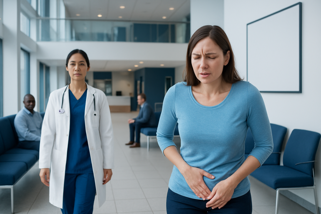 Right Side Pain Groin Female Explained: Common Triggers and Red Flags 1 Woman with abdominal pain in hospital waiting area with medical staff nearby.