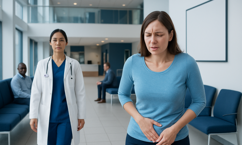 Woman with abdominal pain in hospital waiting area with medical staff nearby.