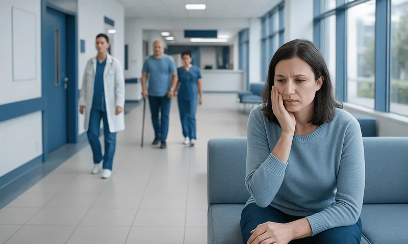 Woman with face numbness sitting in hospital corridor with medical staff in background.