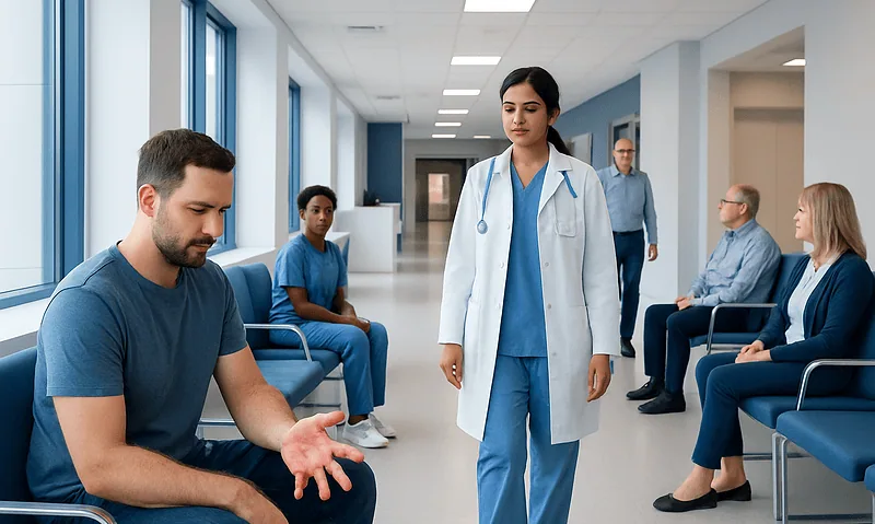 Doctor consulting with patient in hospital corridor with waiting patients.