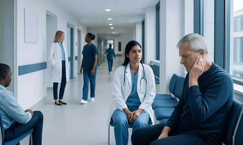 Doctor consulting with patient in hospital corridor.